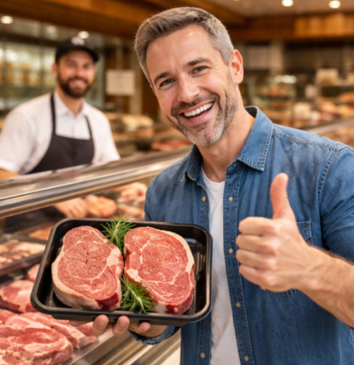 Cliente satisfeito com bifes frescos