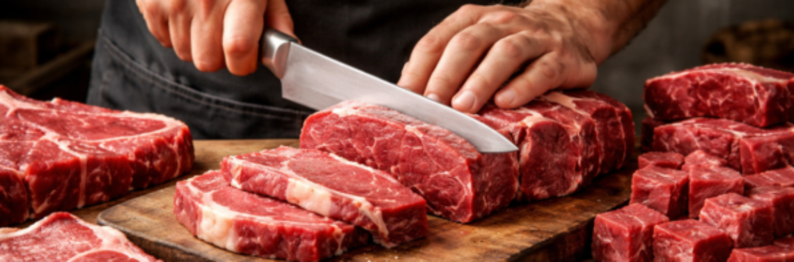 Corte de carne no tabuleiro de madeira