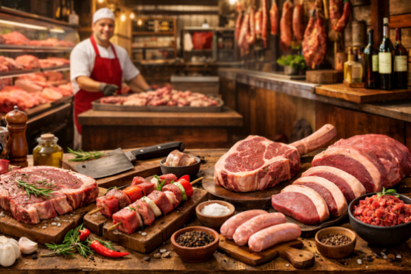Exposição de carnes frescas artesanais