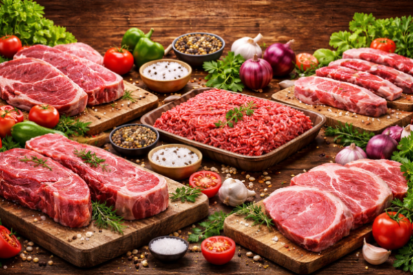 Seleção de carnes frescas e legumes